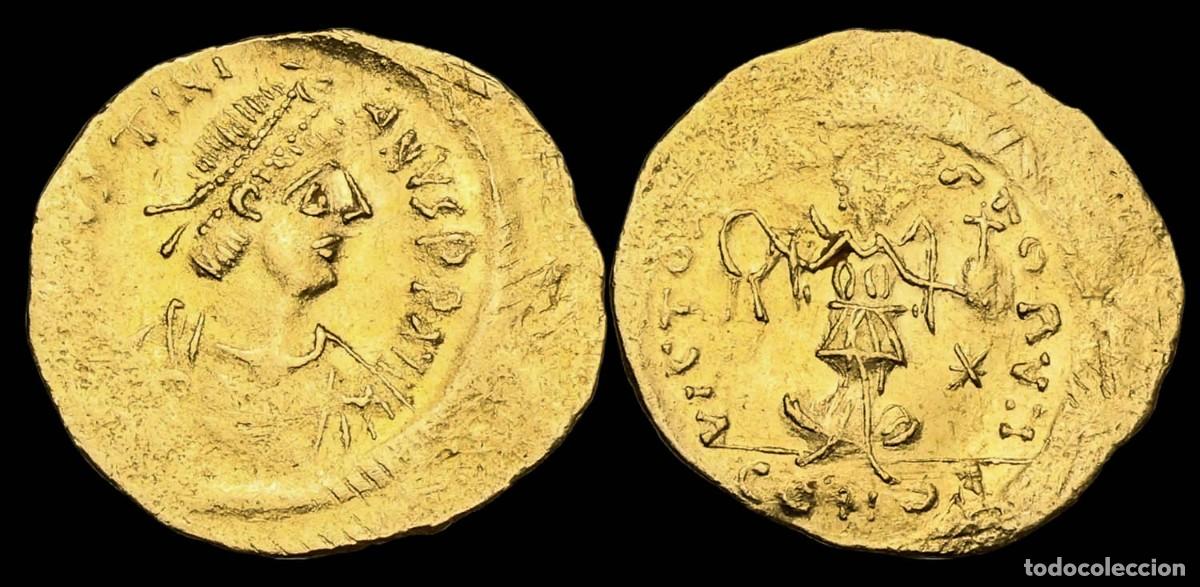 Monedas Imperio bizantino: Justinian I Gold Tremissis - VICTORIA AVGVSTORVM, Constantinople - 16 mm / 1,46 gr.