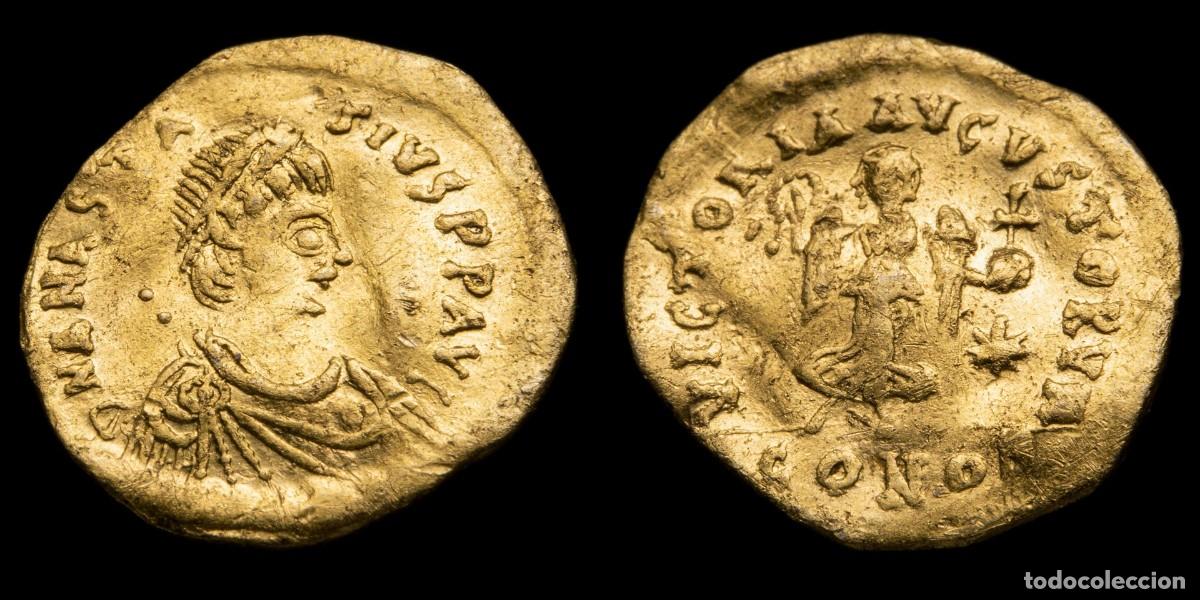 Monedas Imperio bizantino: Anastasius I Gold Tremissis - VICTORIA AVGVSTORVM, Constantinople - 14 mm / 1,32 gr.