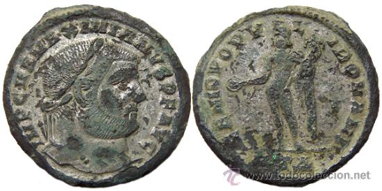 Monete Impero Romano: *** BONITO Y ESCASO FOLLIS DE MAXIMIANO HERCULEO 297-298 DC. HTA (HERACLEA). RESTOS DE PLATEADO ***