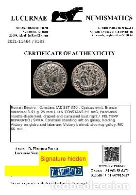 Monedas Imperio Romano: Constante - Maiorina - Cizico 337-350 / Emperador en Galera (3183) - Foto 3 - 304080623