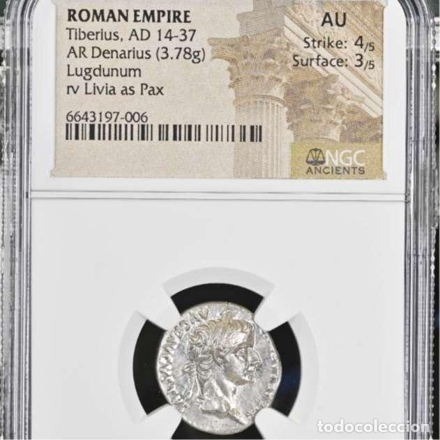 Monedas Imperio Romano: Tiberio, denario del tributo. Lugdunum 14-37 d.C. PONTIF MAXIM*****