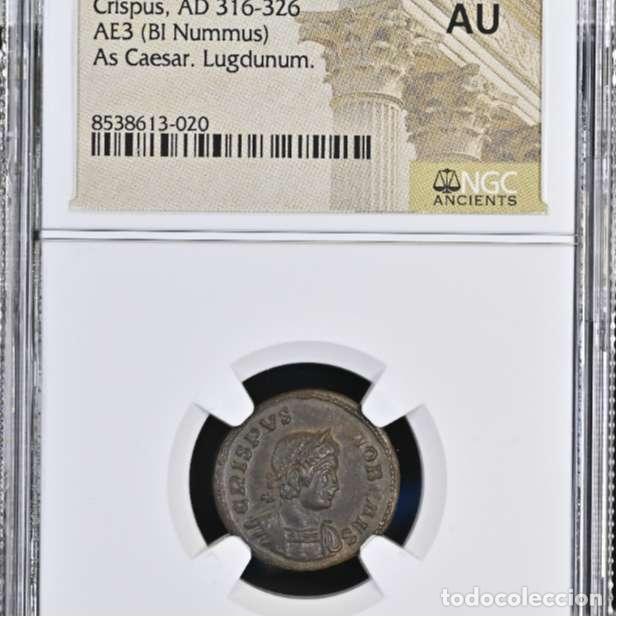 Monedas Imperio Romano: Crispo, Cesar, follis,Lugdunum BEATA TRANQVILLITAS C-R PLG