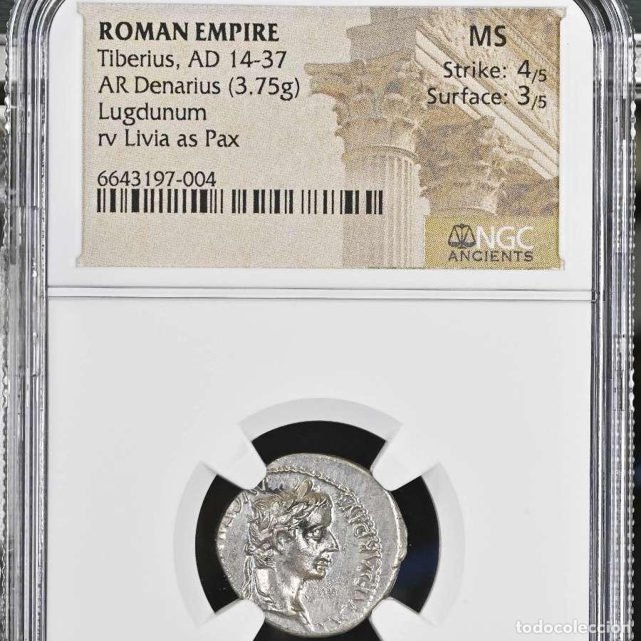 Monedas Imperio Romano: Tiberio, denario del tributo. Lugdunum 14-37 d.C. PONTIF MAXIM*****