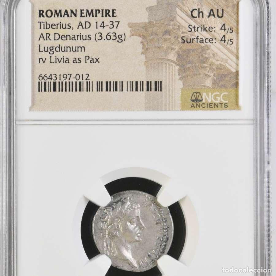 Monedas Imperio Romano: Tiberio, denario del tributo. Lugdunum 14-37 d.C. PONTIF MAXIM*****