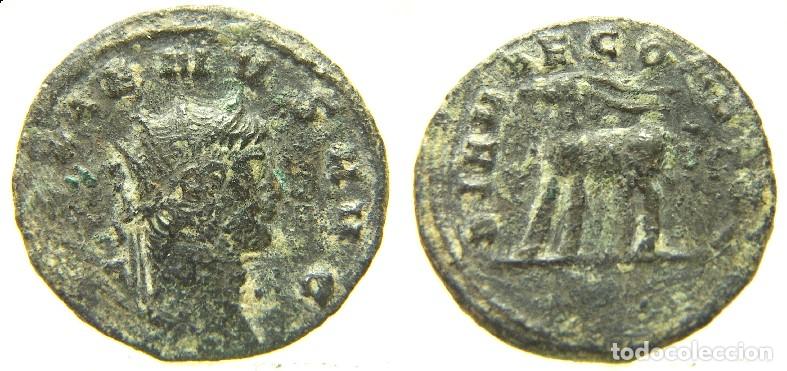 Monedas Imperio Romano: Moneda de Gallieno, Antoniniano reverso DIANAE CONS AVG, gacela de pie a la izquierda