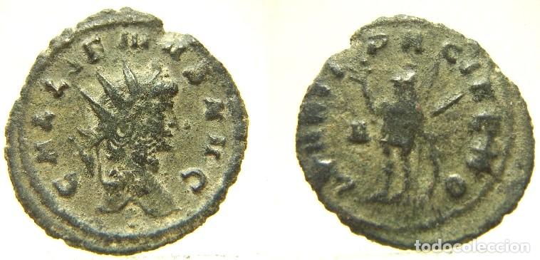 Monedas Imperio Romano: Moneda de Gallieno, Antoniniano reverso MARTI PACIFERO, Marte de pie a la izquierda