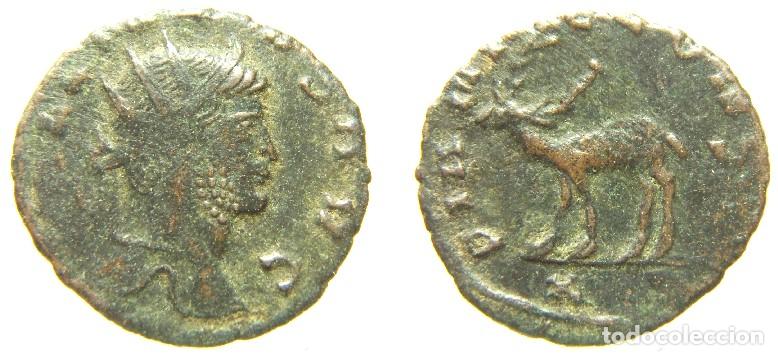 Monedas Imperio Romano: Moneda de Gallieno,Antoniniano reverso DIANAE CONS AVG, ciervo caminando a la izquierda X debajo