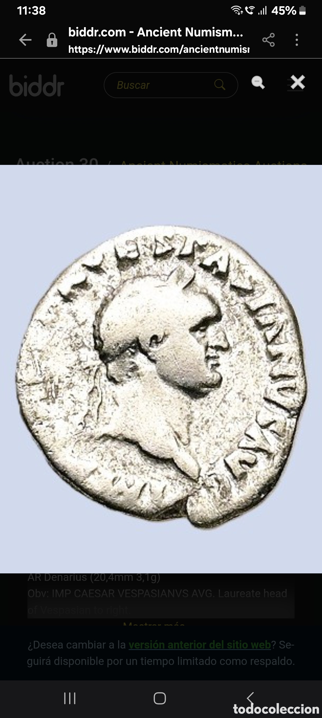 Monedas Imperio Romano: DENARIO DEL EMPERADOR Vespasiano (69-79 d. C.). Roma Denario de plata (20,4 mm, 3,1 g) EN MB