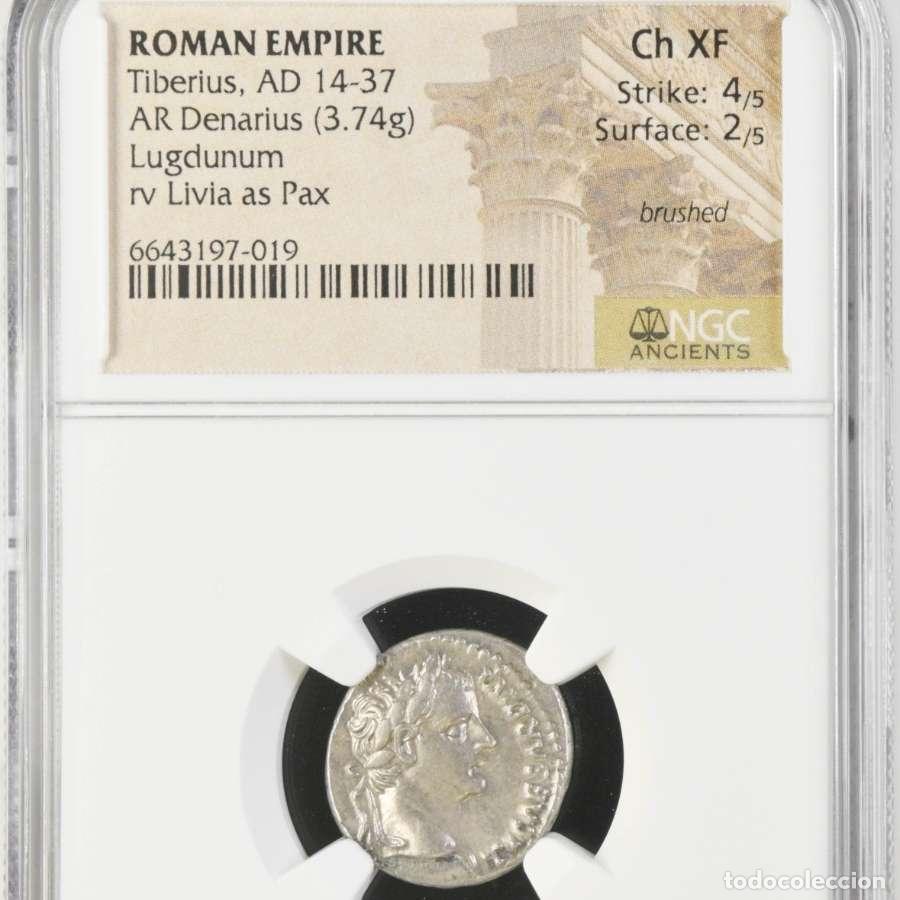 Monedas Imperio Romano: Tiberio, denario del tributo. Lugdunum 14-37 d.C. PONTIF MAXIM*****