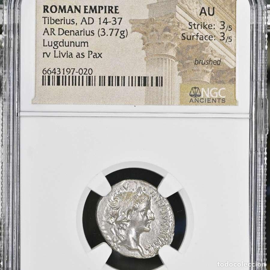 Monedas Imperio Romano: Tiberio, denario del tributo. Lugdunum 14-37 d.C. PONTIF MAXIM*****
