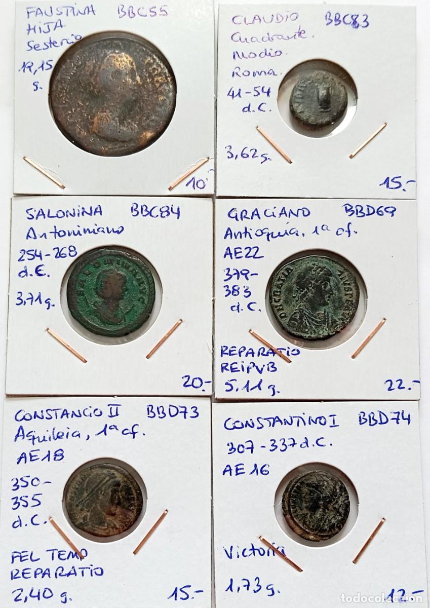 Monedas Imperio Romano: ⚜️ Interesante lote de 6 monedas del Imperio Romano. Peso bruto 47 g