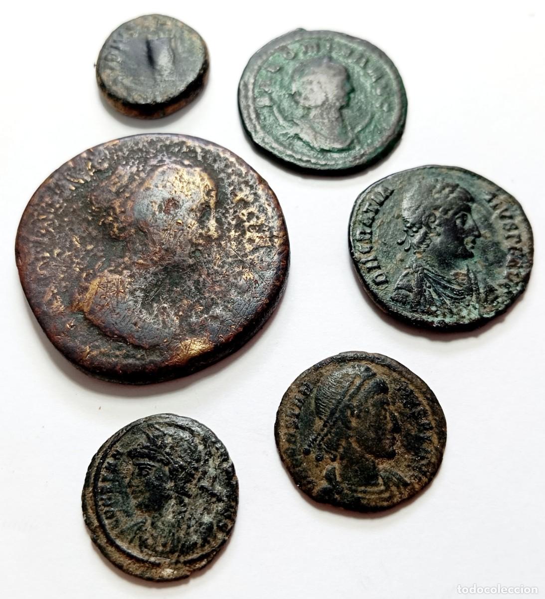Monedas Imperio Romano: ⚜️ Interesante lote de 6 monedas del Imperio Romano. Peso bruto 47 g