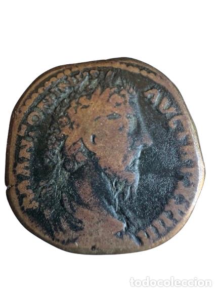 Monedas Imperio Romano: Marco Aurelio. Sestercio 25,8 gr Rev/ SALUTI. AUG .COS. III SC