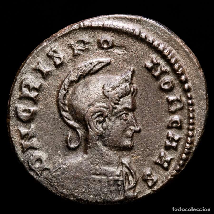 Monedas Imperio Romano: Raro busto Crispo Cesar, follis, VIRTVS EXERCIT VOT XX A - S / PLG