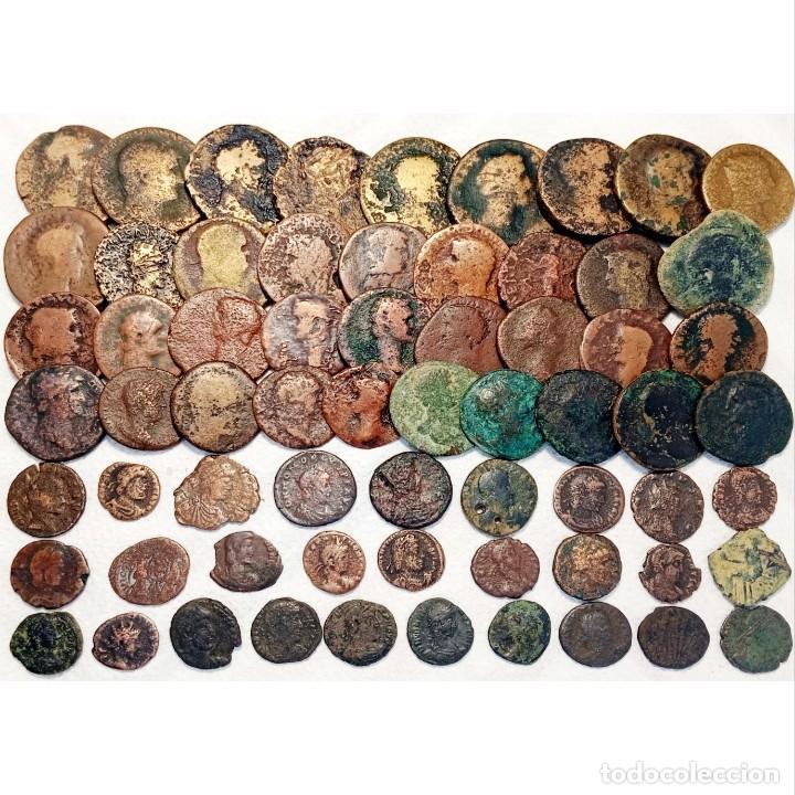 Monedas Imperio Romano: ⚜️ C001. Lote de 65 monedas antiguas, en su mayor&iacute;a Imperio Romano. 37 de m&oacute;dulo grande. 494 g