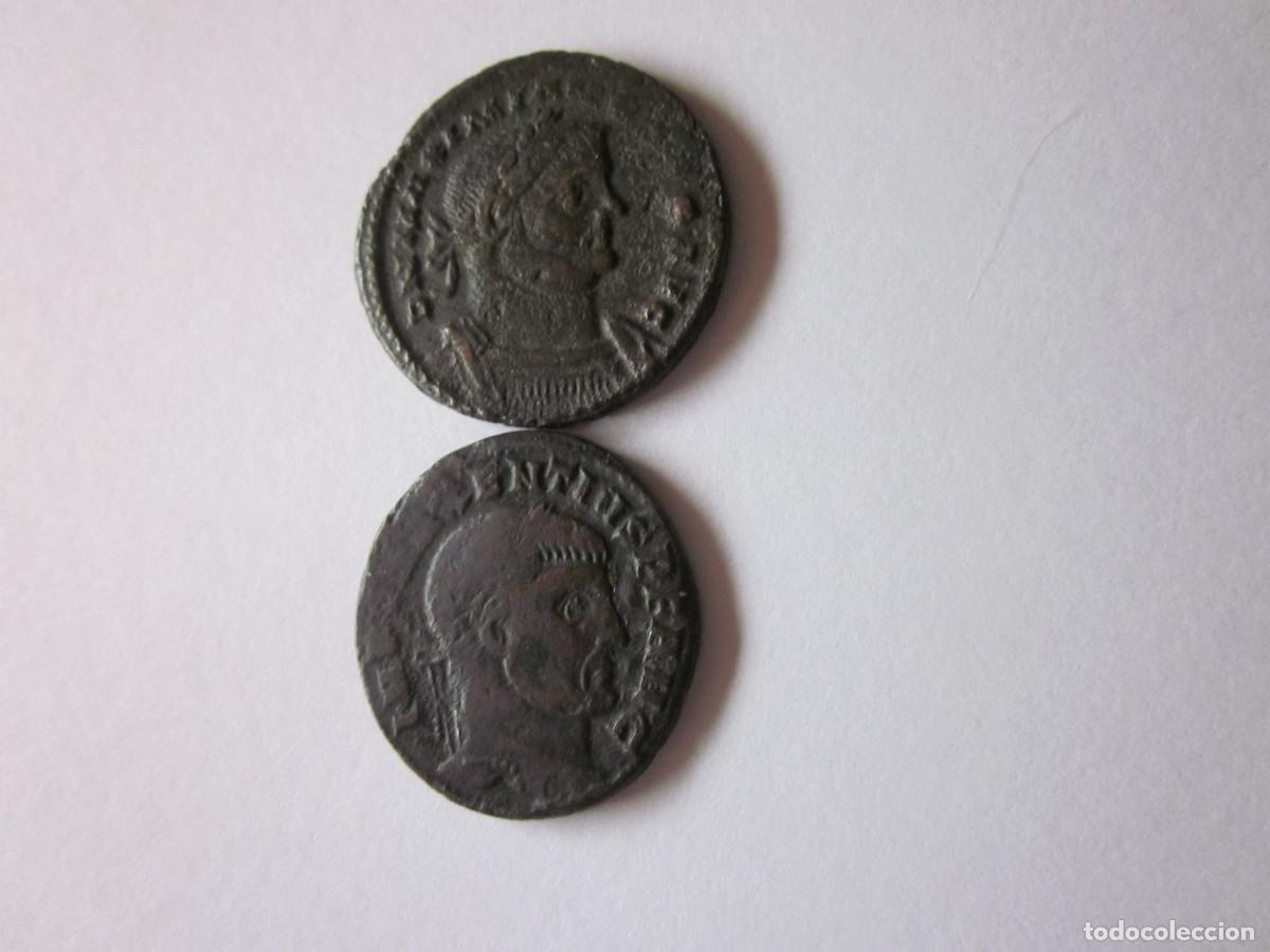 Monedas Imperio Romano: 2 Follis: Maximiano y Majencio. Genio romano y Dioscuros.