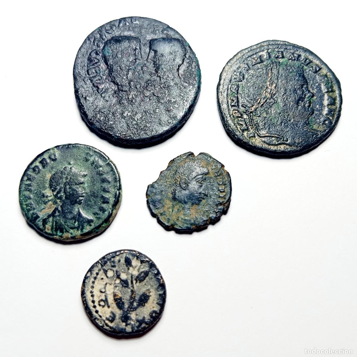 Monedas Imperio romano: ⚜️ BBG2 6. Lote 5 Monedas Romanas Augusto Tiberio Maximiano Teodosio As Follis Bronce Numism&aacute;tica