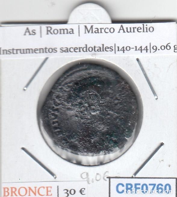 Monedas Imperio romano: CRF0760 MONEDA ROMANA AS ROMA MARCO AURELIO INSTRUMENTOS SACERDOTALES 140-144