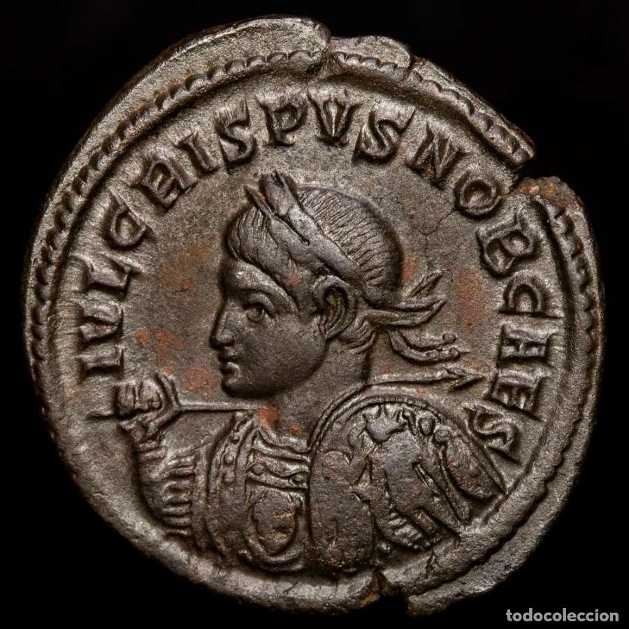 Monedas Imperio romano: Maravilloso Crispo. Escudo decorado con : Sol, Victoria y soldado !