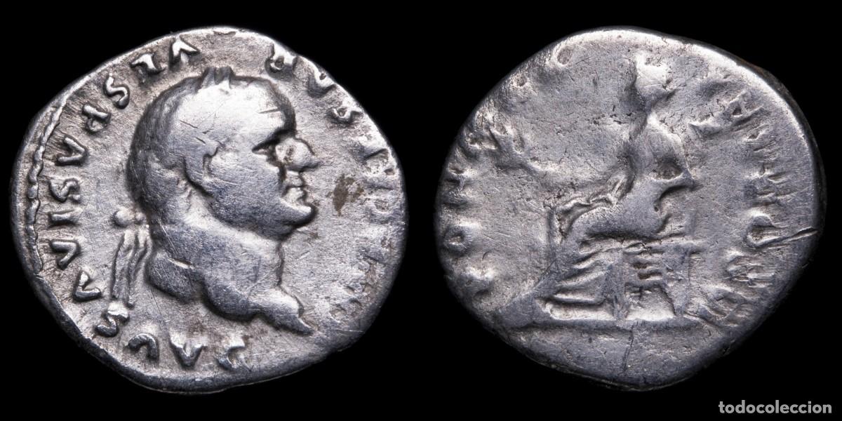 Monedas Imperio romano: Vespasian Denarius - PON MAX TR P COS VI - 19 mm / 3,07 gr.