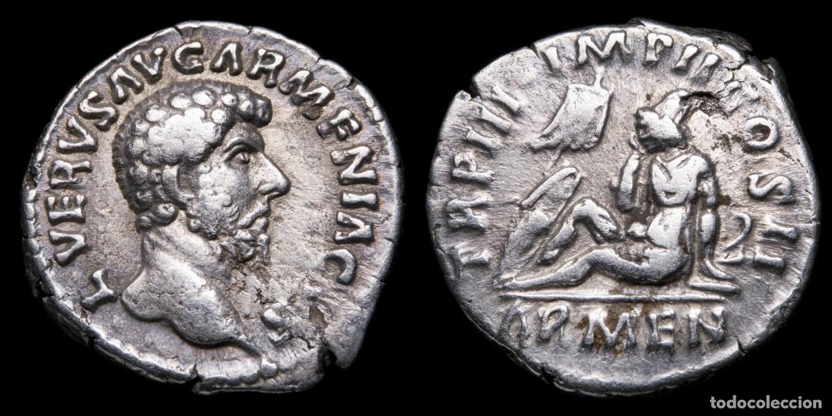 Monedas Imperio romano: Lucius Verus Denarius - TR P III IMP II COS II ARMEN- 18 mm / 3,15 gr.