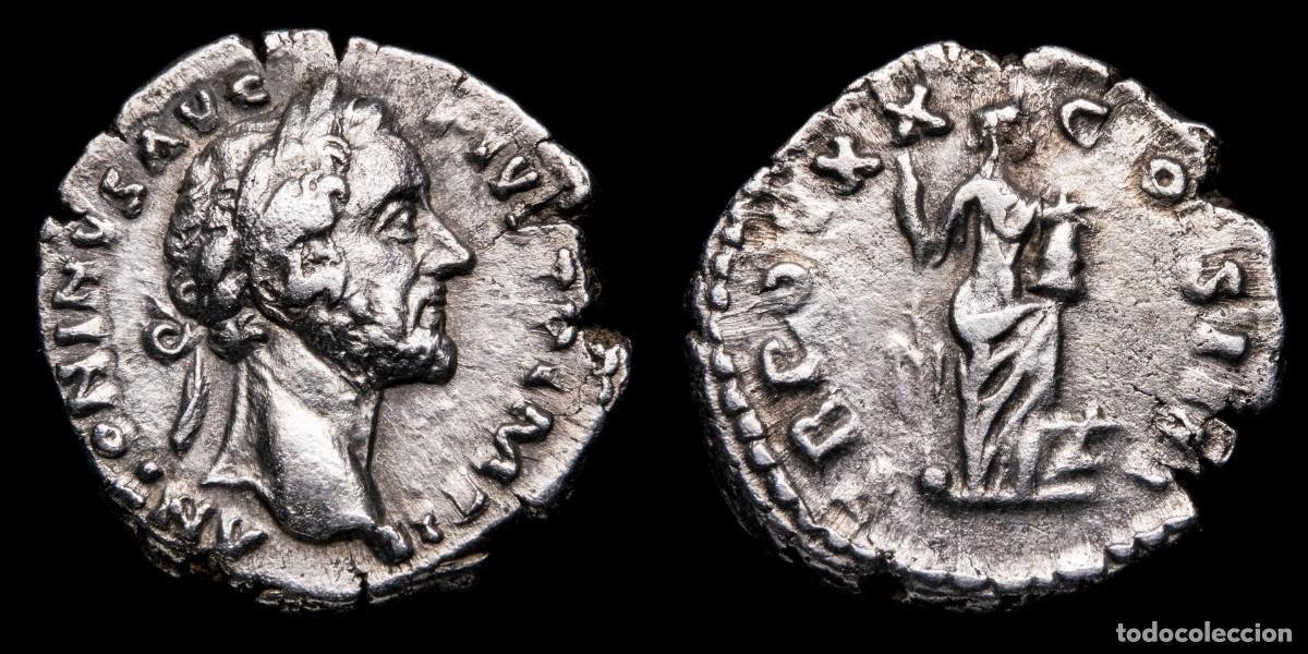 Monedas Imperio romano: Antoninus Pius Denarius - TR POT XX COS IIII - 17 mm / 2,72 gr.