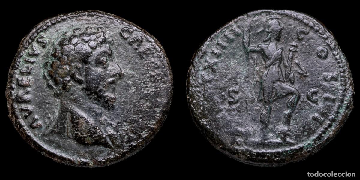 Monedas Imperio romano: Marcus Aurelius As - TR POT XIIII COS II - 27 mm / 10,31 gr.