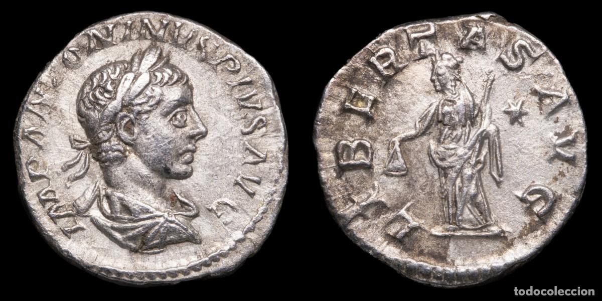 Monedas Imperio romano: Elagabalus Denarius - LIBERTAS AVG - 18 mm / 3,42 gr.