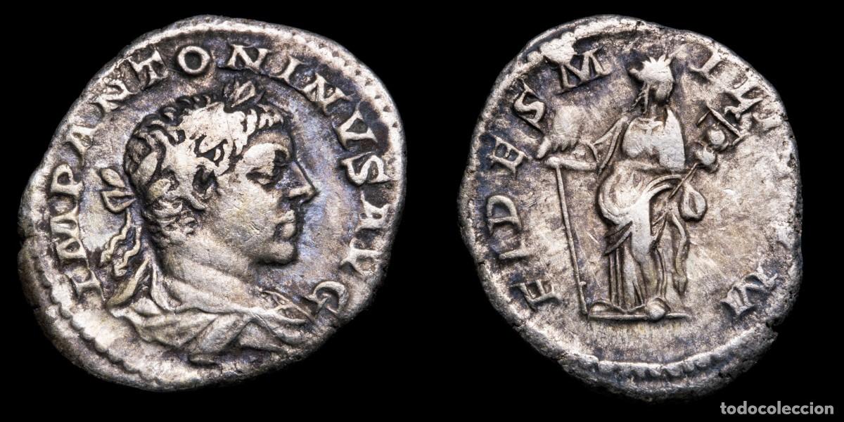 Monedas Imperio romano: Elagabalus Denarius - FIDES MILITVM - 19 mm / 2,71 gr.