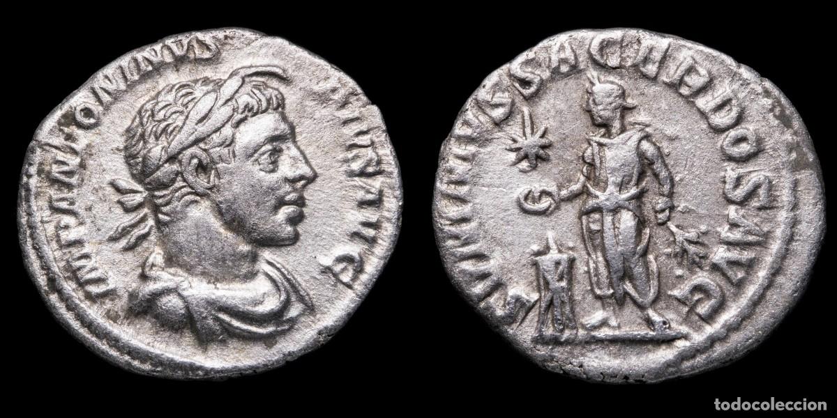 Monedas Imperio romano: Elagabalus Denarius - SVMMVS SACERDOS AVG - 18 mm / 2,56 gr.