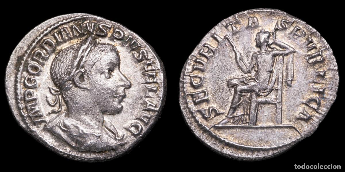 Monedas Imperio romano: Gordian III Denarius - SECVRITAS PVBLICA - 20 mm / 3,37 gr.