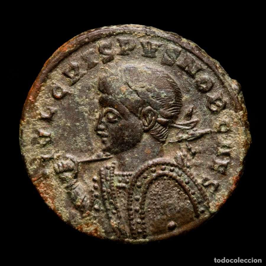 Monedas Imperio romano: Crispo Cesar con lanza y escudo BEATA TRANQVILLITAS &bull;STR&bull; (330)