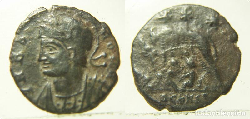 Monedas Imperio romano: Preciosa moneda de URBS ROMA ceca segunda de Arles crism&oacute;n entre dos estrellas ,pesa 2 gr.