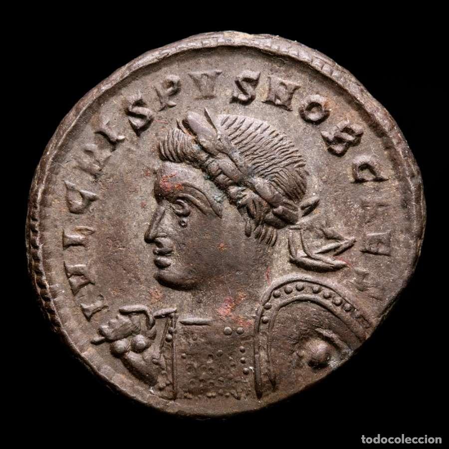 Monedas Imperio romano: Crispo Cesar - lanza y escudo BEATA TRANQVILLITAS PTR&bull; Trier (371)