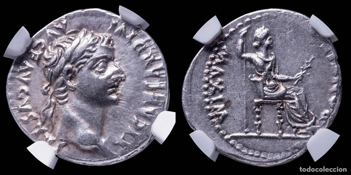 Monedas Imperio romano: Tiberius Denarius - PONTIF MAXIM, Lugdunum (encapsulated NGC) - 3,75 gr,