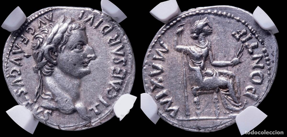 Monedas Imperio romano: Tiberius Denarius - PONTIF MAXIM, Lugdunum (encapsulated NGC) - 3,79 gr.