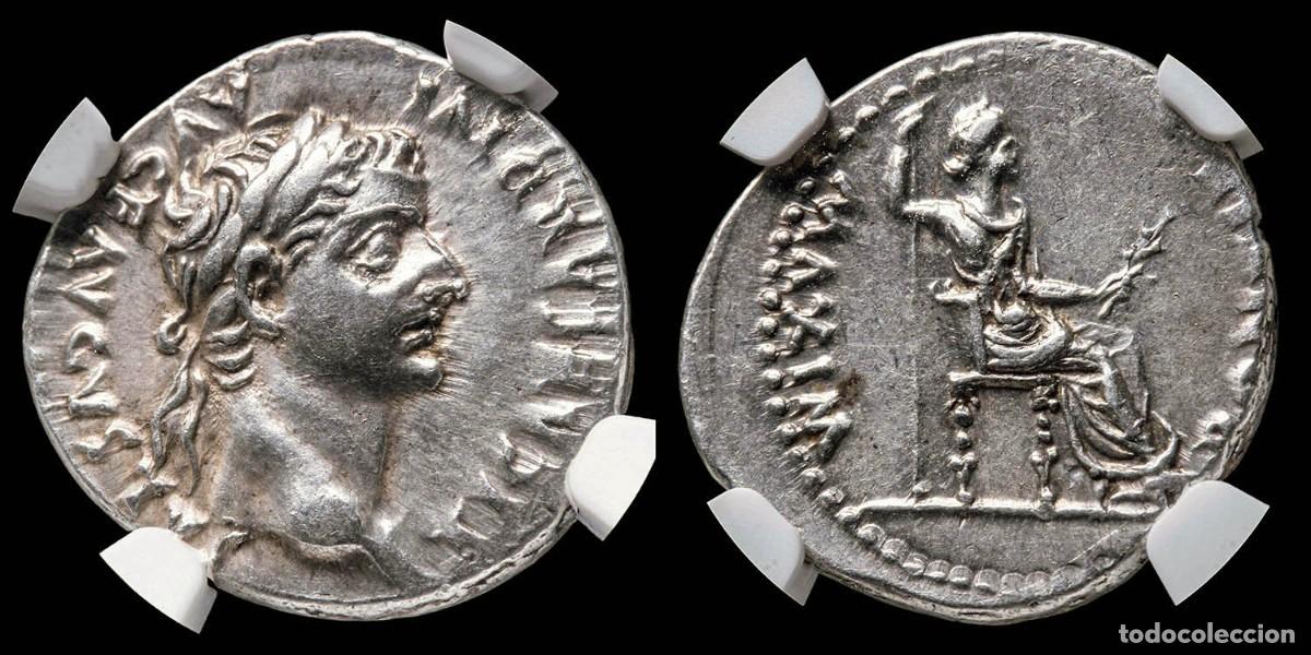 Monnaies Empire Romain: Tiberius Denarius - PONTIF MAXIM, Lugdunum (encapsulated NGC) - 3,75 gr,