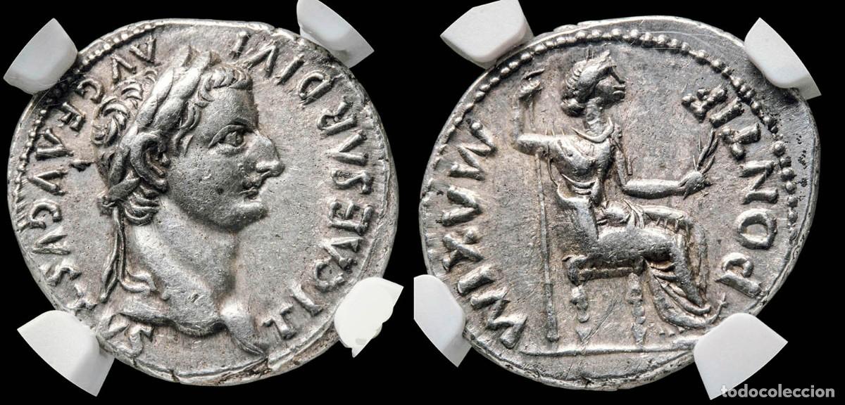 Monnaies Empire Romain: Tiberius Denarius - PONTIF MAXIM, Lugdunum (encapsulated NGC) - 3,79 gr.