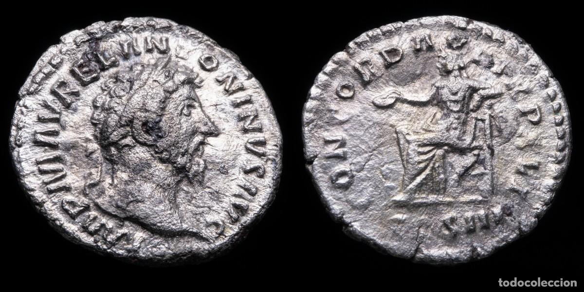 Monedas Imperio romano: Marcus Aurelius Denarius - CONCORD AVG TR P XVI / COS III - 18 mm / 2,93 gr.