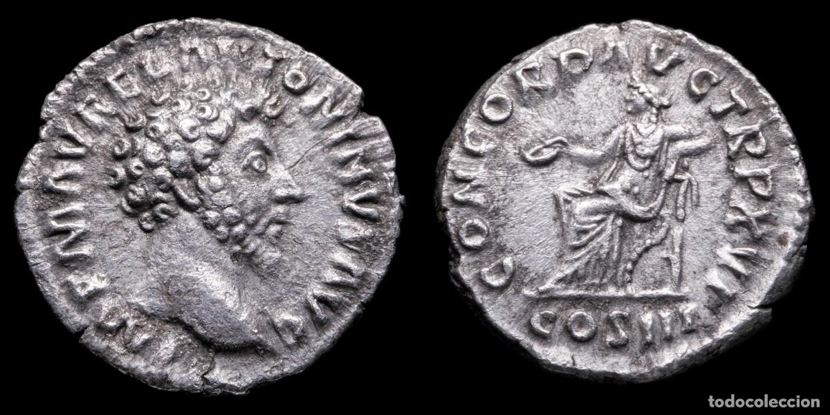 Monedas Imperio romano: Marcus Aurelius Denarius - CONCORD AVG TR P XVI - 18 mm / 2,85 gr.