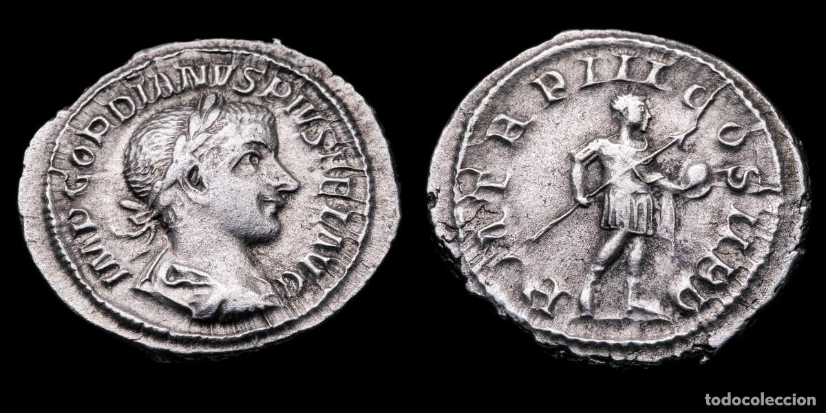 Monedas Imperio romano: Gordian III Denarius - P M TR P III COS II PP - 21 mm / 2,79 gr.