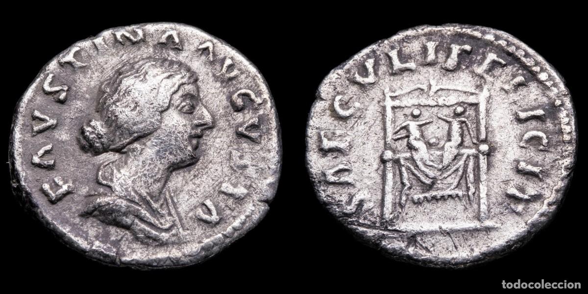 Monedas Imperio romano: Faustina II Denarius - SAECVLI FELICIT - 18 mm / 2,59 gr.