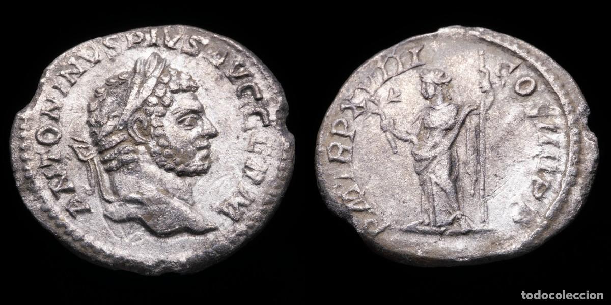 Monedas Imperio romano: Caracalla Denarius - P M TR P XVIII COS IIII P P - 19 mm / 2,01 gr.Obv: Laureate head of Caracalla r