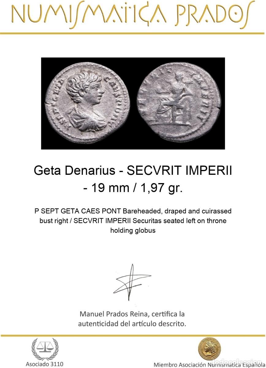Monedas Imperio romano: Geta Denarius - SECVRIT IMPERII - 19 mm / 1,97 gr. - Foto 2