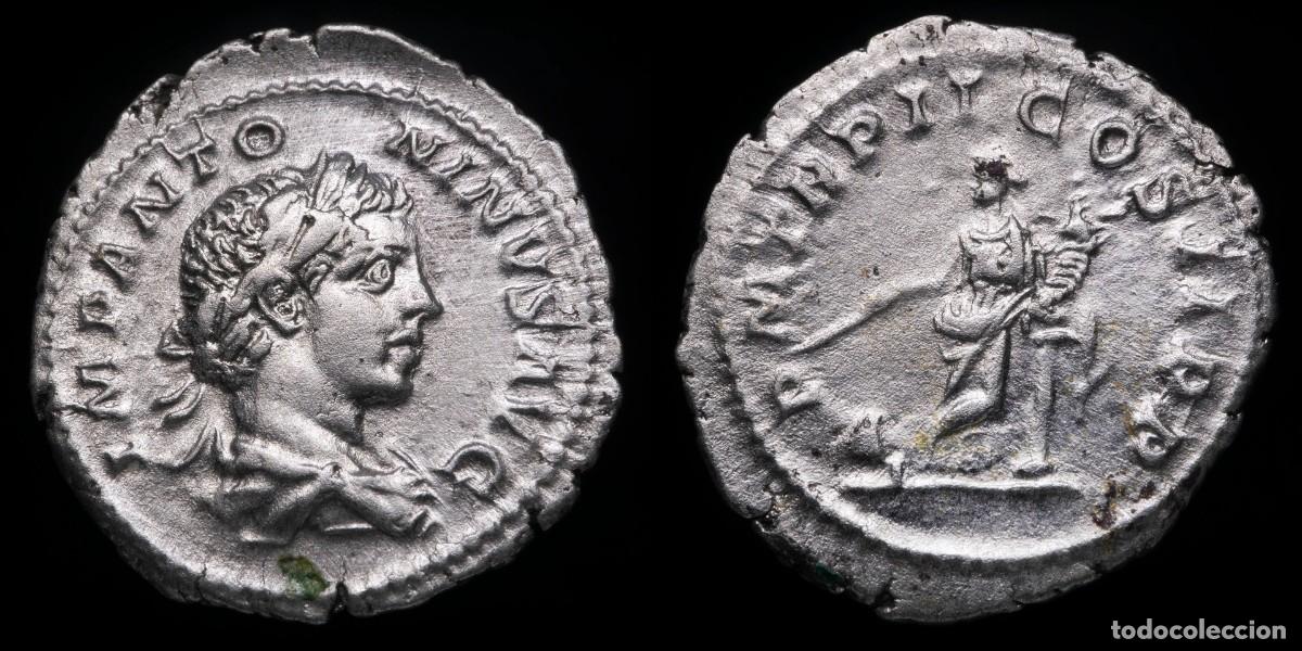 Monedas Imperio romano: Elagabalus Denarius - P M TR P II COS II PP - 20 mm / 2,51 gr.
