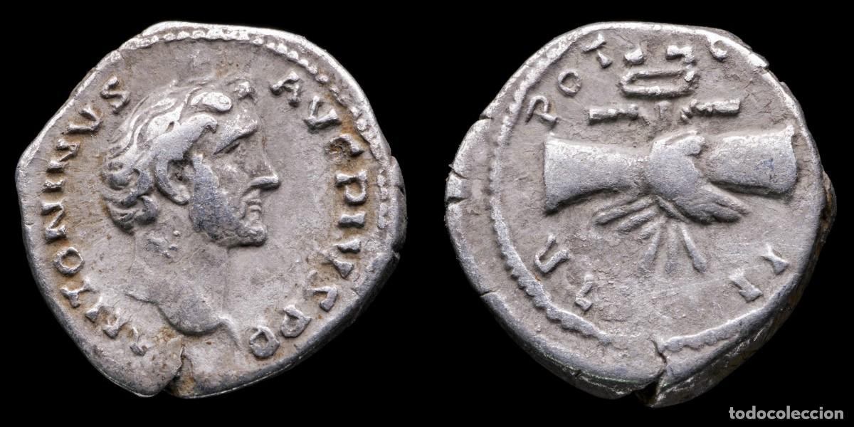 Monedas Imperio romano: Antoninus Pius Denarius - TR POT COS II - 18 mm / 2,89 gr. Obv. ANTONINVS AVG PIVS P P Bare head rig