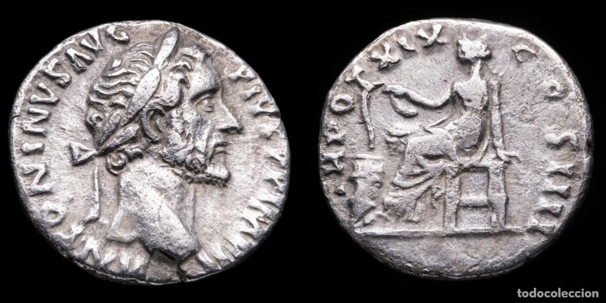 Monedas Imperio romano: Antoninus Pius Denarius - TR POT XIX COS IIII - 16 mm / 2,88 gr.