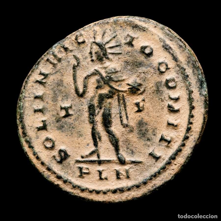 Monedas Imperio romano: Constantino I, follis. Londinum. SOLI INVICTO COMITI T-F / PLN