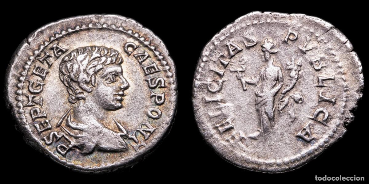Monedas Imperio romano: Geta Denarius - FELICITAS PVBLICA - 19 mm / 3,40 gr.