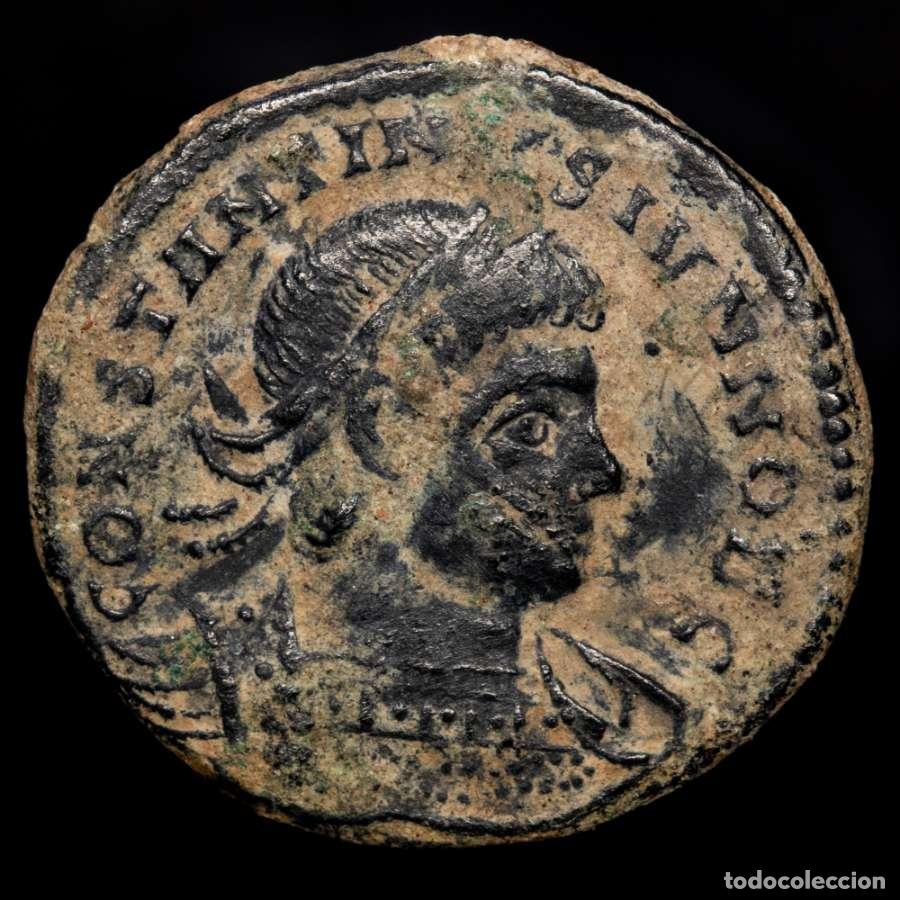 Monedas Imperio romano: Constantino II 316-337 follis de bronce Roma. GLORIA.EXERCITVS//RFB.